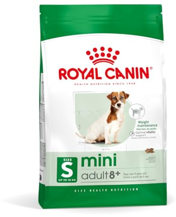 Royal Canin Mini Adult 8+ | 4 kg | Alimento completo per cani anziani di piccole razze | Dall'età di 8 anni | Tenore energetico bilanciato e dimensioni delle crocchette adatte