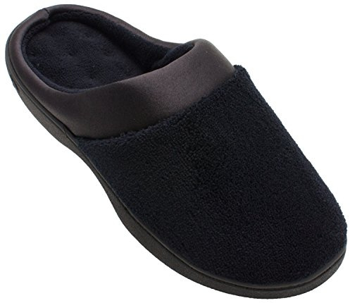 isotoner Women's Indoor/Outdoor Slip-on Terry and Satin Clog Slippers with Memory Foam Comfort , Black, 9.5-10