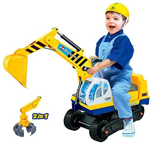 Dominiti e.K. Sitzbagger mit Zwei Schaufeln in gelb + Helm/Greifarm + Schaufel/Kinder-Fahrzeug/Rutscher/Bagger