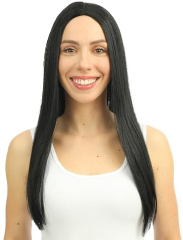 P'TIT CLOWN - 68039 - Lange steife Perücke Frau - Long Wig - Kostümzubehör für Karneval, Mottopartys, Kostümfeste, Kunsthaar - Erwachsene - 60 cm - Schwarz