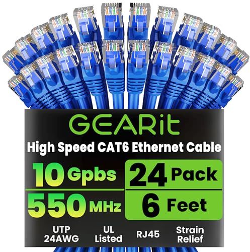 GEARit Cat 6 Ethernet Patch Cable 6 ft Blue (24-Pack Cat6 Ethernet Patch Cables 6ft), Cat 6 High Speed 24AWG 10Gbps RJ45 Snagless Gold-Plated, Ethernet Cable for Router, Switch, PC, PS5 Gaming, Server