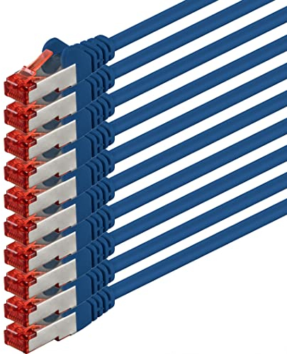 1aTTack.de - 10x 1m cavo patch CAT6 S/FTP schermatura PIMF CAT.6 cavo di rete RJ45 cavo Ethernet DSL router LAN switch modem pannello patch - blu - 10 pezzi