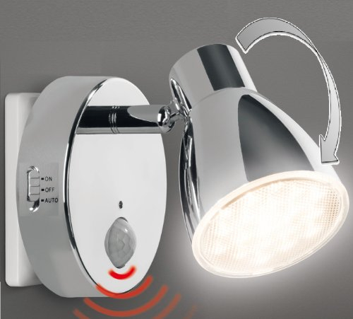 Trango Luz de noche con sensor LED 2635-018 *MILO* con sensor de movimiento y función automática en cromo Luz de seguridad directa 230V, lámpara de enchufe, lámpara de pared, luz de orientación