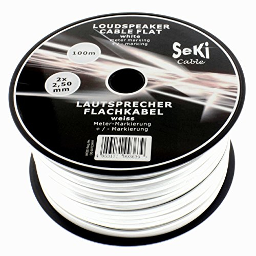 Cavo per altoparlante piatto 2 x 2,5 mm², di colore bianco, bobina da 100 m, cavo RCA, audio, altoparlante