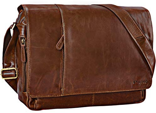STILORD Elias Messenger Bag Leder Herren Braun Kuriertasche Umhängetasche Unitasche Laptoptasche 15.6 Zoll Aktentasche Bürotasche Büffel-Leder