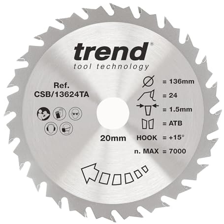 Trend Wood Cordless Circular Saw Blade, 136mm Diameter, 20mm Bore, 24 Teeth, 1.5mm Kerf, +15° Hook, TCT, Medium Finish, CSB/13624TA | Ideal For Cordless Circular Saws, This 136mm TCT Blade Delivers A Medium Finish With 24 Teeth And 1.5mm Kerf, CSB/13624TA