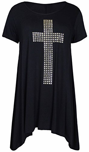 PurpleHanger Women's Plus Size Studded Cross Uneven Long Top Black 18-20