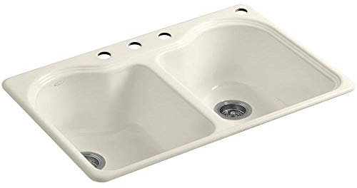 KOHLER K-5818-4-96 Hartland Self-Rimming Kitchen Sink with Four-Hole Faucet Drilling, Biscuit