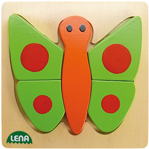 Lena 32067 Wooden Butterfly Puzzle, Children's Puzzle with Base Plate 14 x 14 cm and 5 Puzzle Pieces, Pieces and Plate Made of FSC 100% Wood, Puzzle Game for Children from 18+ Months, Tile Game for