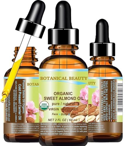 Botanical Beauty‎ Organic SWEET ALMOND OIL 100% Pure Natural Virgin Unrefined Undiluted Cold Pressed Carrier Oil for Face, Skin, Body, Hair, Massage, Nails. 2 Fl. oz - 60 ml