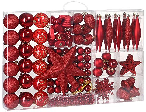 Deuba® Weihnachstkugeln 102tlg Ø 3-6cm Kunststoff matt glänzend Christbaumkugeln Christbaumschmuck Anhänger Weihnachtsbaumkugeln Weihnachtsdeko Rot
