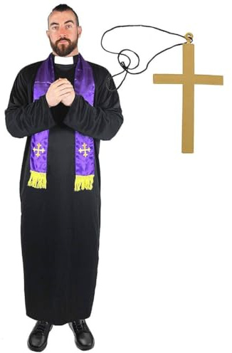 Mens Priest Costume - Black Robe, Purple Clerical Scarf and Gold Cross - Adults Halloween Fancy Dress Costume
