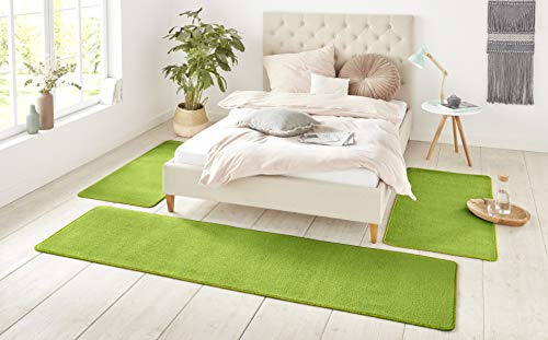 Hanse Home Nasty, Tappeto a Pelo Corto, in Tinta Unita, per Camera da Letto, 3 Pezzi, Colore Verde, 2 x 70 x 140 cm, 1 x 70 x 240 cm