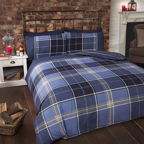 Argyle Parure de lit réversible avec Housse de Couette et 2 taies d'oreiller Motif Tartan Bleu