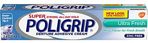 Super Poligrip Denture Adhesive Cream - 2.40 ounce (86 grams) - Ultra Fresh Flavor - Zinc Free - Minty Fresh