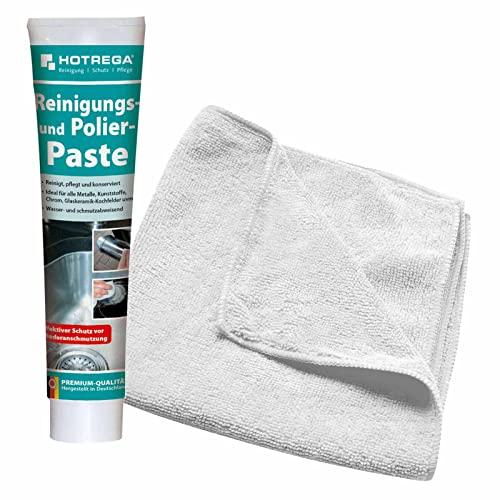 HOTREGA Reinigungspaste Polierpaste Edelstahlreiniger Kochfeldreiniger 125 ml + Microfasertuch weiß 40x40cm