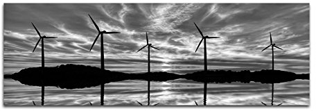 Leinwandfoto als Panorama SCHWARZ/WEISS 150x50cm Windräder Wasser Hügel Sonnenuntergang