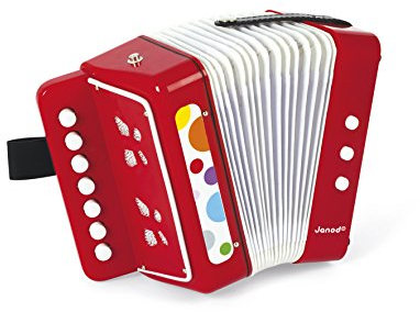 Janod - Confetti Akkordeon, Kinder-Musikinstrument, Spielzeugnachbildung und Spielzeug für musikalisches Empfinden, Haltegurt, rot, ab 3 Jahren, J07620