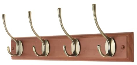 Keypak 4 Victorian Antique Brass Hook Oak Effect Wall Mounted Coat Rack | Wooden Board for Coats, Hats, Bags, Tools Space Saving Wall Storage Organiser, Fixings Included