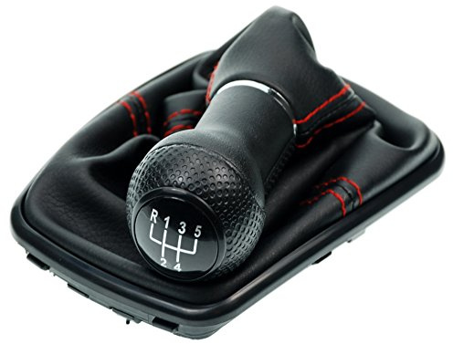 Schaltsack & Schaltknauf für VW Golf 4 IV & für Bora - 12mm - Bj. 1997 - 2006 - 5 Gang Knauf mit Rahmen - Schwarz - Rot - Schaltmanschette Schalthebel Manschette für Schaltgetriebe Schaltung A253-3