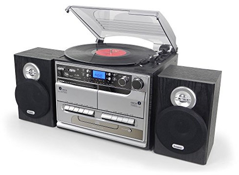 Steepletone BT-SMC386r PRO, 8 in 1 Bluetooth Retro Nostalgic Music System (Stereo Speakers), Remote Control, 3 Speed Record Player, CD Player, FM/MW Radio, TWIN Cassette, SD/USB RECORDING - Silver