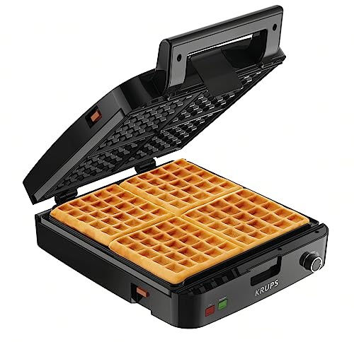 KRUPS 4-Slice Belgian Waffle Maker: Stainless Steel, 5 Browning Levels, Audible Ready Beep, Removable Plates, 1200W, Silver/Black, Large Waffle Maker Family Size, Great for Family Breakfasts
