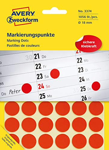 AVERY Zweckform 3374 selbstklebende Markierungspunkte (Ø 18 mm, 1.056 Klebepunkte auf 22 Bogen, runde Aufkleber für Kalender, Planer und zum Basteln, Papier, matt) rot