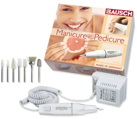 Bausch 0301 Elektrisk manikyr- och pedikyrapparat, 7 tillbehör för slipning, filning, polering av hand- och fotnaglar, avlägsnande av förhårdnader och tryckpunkter, nagelvård, fotvård för hemmet