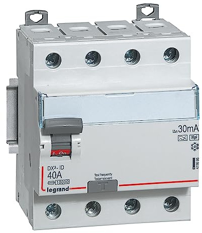 Legrand 411695 Interrupteur différentiel DX³-ID arrivée haute et départ bas à vis, 4P, 400V, 40A typeF, 30mA, 4 modules, Aluminium
