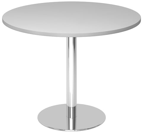 bümö Besprechungstisch, Esstisch klein, Tisch rund 100 cm - Kleiner Esstisch grau, Rundtisch Esstisch 2 Personen mit Holz-Platte, Säule aus Metall verchromt, Konferenztisch, Bistrotisch