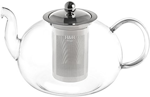 H&H Teiera Borosilicato con Filtro Lt1.5 Preparazione Colazione Arredo Tavola, Trasparente/Grigio