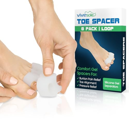 VIVEsole Toe Spreaders for Feet (8 Pack) - Silicone Spacers for Women & Men - Gel Separators for Bunions, Overlapping Toes, Pain Relief - Orthotic Dividers for Athletes, Alignment & Corrector
