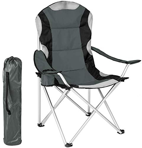 tectake® Campingstuhl mit Getränkehalter, Angelstuhl faltbar, Gartenstuhl mit Armlehnen, gepolsterter Klappstuhl, Campingstuhl faltbar, Tragetasche, für Camping Strand Garten Terrasse - grau