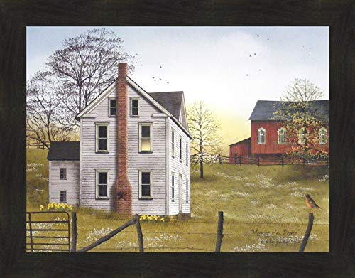 Morning Has Broken by Billy Jacobs 22x28 Farm House Red Barn Flowers Sunrise Robin Primitive Folk Art Framed Print Picture