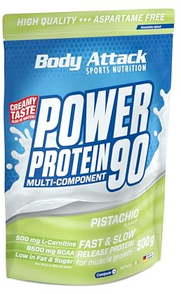 Body Attack Power Protein 90, Pistacchio, 500g, 5K proteine in polvere con proteine del siero di latte, L-carnitina e BCAA per la costruzione muscolare e il fitness.