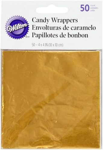 Wilton 50 Feuilles de Papier Doré Papier Aluminium pour Emballage Chocolat, Bonbons, Friandises, Sucettes, DIY Feuille Dorée - 10 x 10 cm
