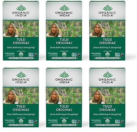 ORGANIC INDIA Tulsi Original Herbal Tea - Holy Basil and African Basil Calming and Stress Relief Tea, Immune Support, USDA Certified Organic, Non-GMO, Caffeine-Free - 18 Infusion Bags, 6 Pack