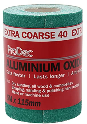 ProDec Rouleau de 5 m de papier abrasif verte, oxyde d’aluminium, grain 40 extra grossier pour poncer bois, peinture, joints, métal et plus, papier abrasif compatible avec les ponceuses électriques