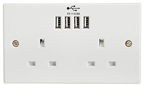 2-Gang UK Mains Socket with Four USB Ports