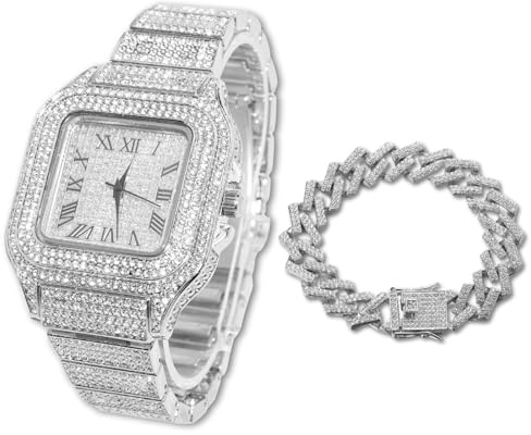Halukakah Fyrkantig urtavla diamanter guldklocka Iced Out, herr 18k äkta guld/platina vitt guldpläterat kvartsarmband 24 cm, med länk halsband armband set alternativ, gratis presentask