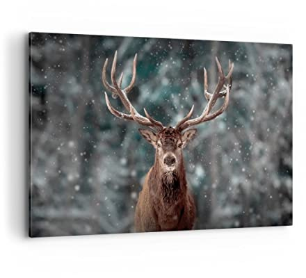 Wandbilder Dekoration Wohnzimmer Hirsch Hirsch Winter Bilder auf Leinwand 120x80cm Leinwandbild Schlafzimmer Küche Deko Wand Kunstdruck Art Groß XXL Wanddeko Bild Wall Decor Canvas AA120x80-4998 | Hirsch Winter Deko Bild Groß XXL 1 Stück Wohnzimmer Schlafzimmer Wandkunst Wanddekoration ARTTOR