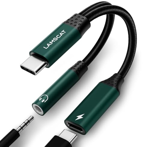 LAMSCAT USB C Kopfhörer Adapter und Laden, 2 in 1 Typ C auf 3.5mm Klinke Adapter Unterstützt 60W Schnellladung für Samsung S24/S23/S21/S20+ (grün)