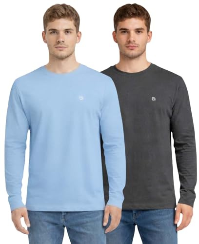 Bahob® 2 Pack Men's Long Sleeve T-Shirt Top Round Neck Full Sleeve T-Shirt Soft Cotton S-XXL (Sky X Charcoal, Large)