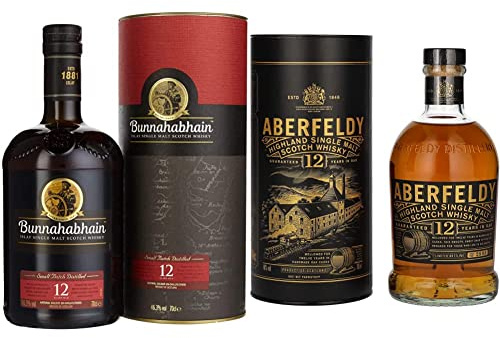 Bunnahabhain 12 Ans - Islay Single Malt Scotch Whisky - 46.3% 70cl - Avec coffret - Vieilli en fûts de bourbon et de xérès & Aberfeldy 12 Ans Old Single Malt Highland Scotch Whisky avec étui, 70 cl