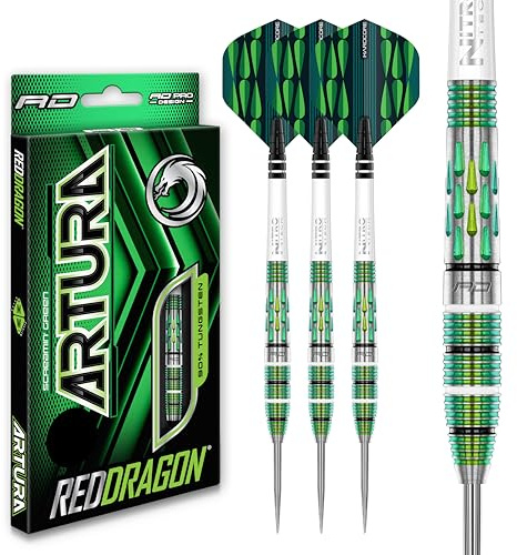 RED DRAGON Artura Screamin' Grün 24 Gramm Premium Tungsten Darts Set mit Flights und Stielen