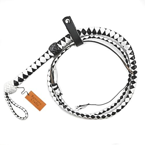 Bantoro Crafts Noir et Blanc Fouet en Cuir véritable 6 Pieds (1,8 Mètres) de Longueur Cravache 12 Tresses Brins Cuir tressé Fouet craquant Fort Equitation