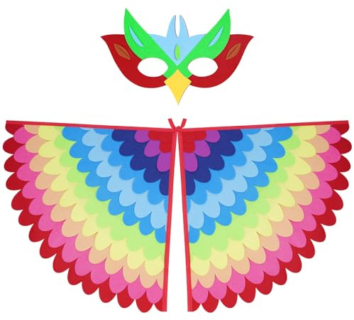 URAQT Felt Bird Capes Wings, Kid Bird Wing Costume Set with Felt Eye Mask, Adjustable Fairy Bird Fancy Dress Up Peacock Flamingo Cape Costume for Theme Party Carnival Halloween Cosplay （Rainbow）