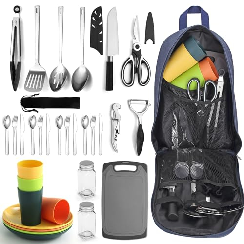 Berglander set di utensili da cucina da campeggio con set di posate, piatti, tazze, campeggio camper accessori utili per campeggio, picnic, barbecue con borsa e facile da trasportare