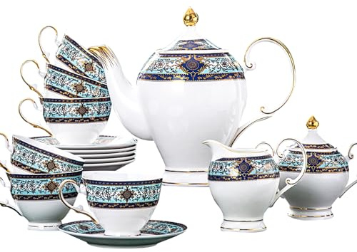 LE POTOCIO Euro Style Bone China Tea Set, 12 Piece Porcelain Tea Sets for 6 Adults, Bone China Tea Cup Set, Creamer Pitcher, Tea Set for Women Tea Party Set, Gift Package (21, Court)