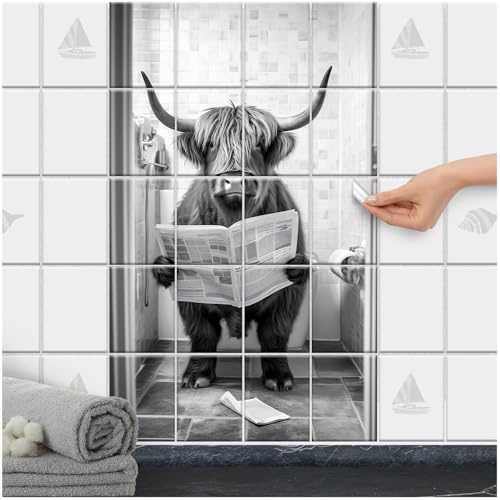 FoLIESEN Fliesenaufkleber - Klebefliesen zum Fliesen überkleben für Bad, Badezimmer, Gäste-WC - selbstklebende Fliesen - Muh-dernes Zeitungslesen, Fliese - Bild (BxH):20x25 cm - 60x100 cm / 12-tlg.